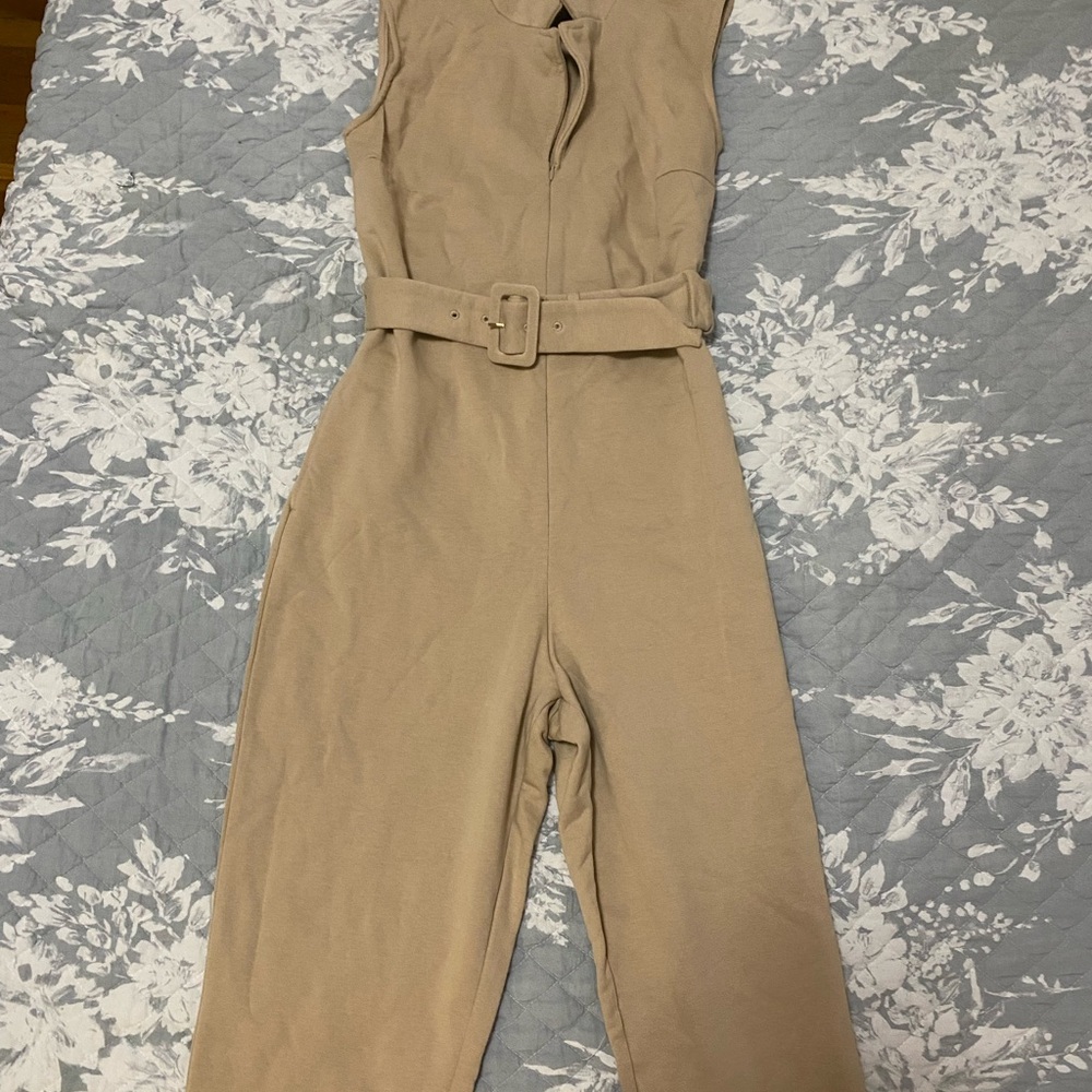 Beige Sleeveless Belted Jumpsuit